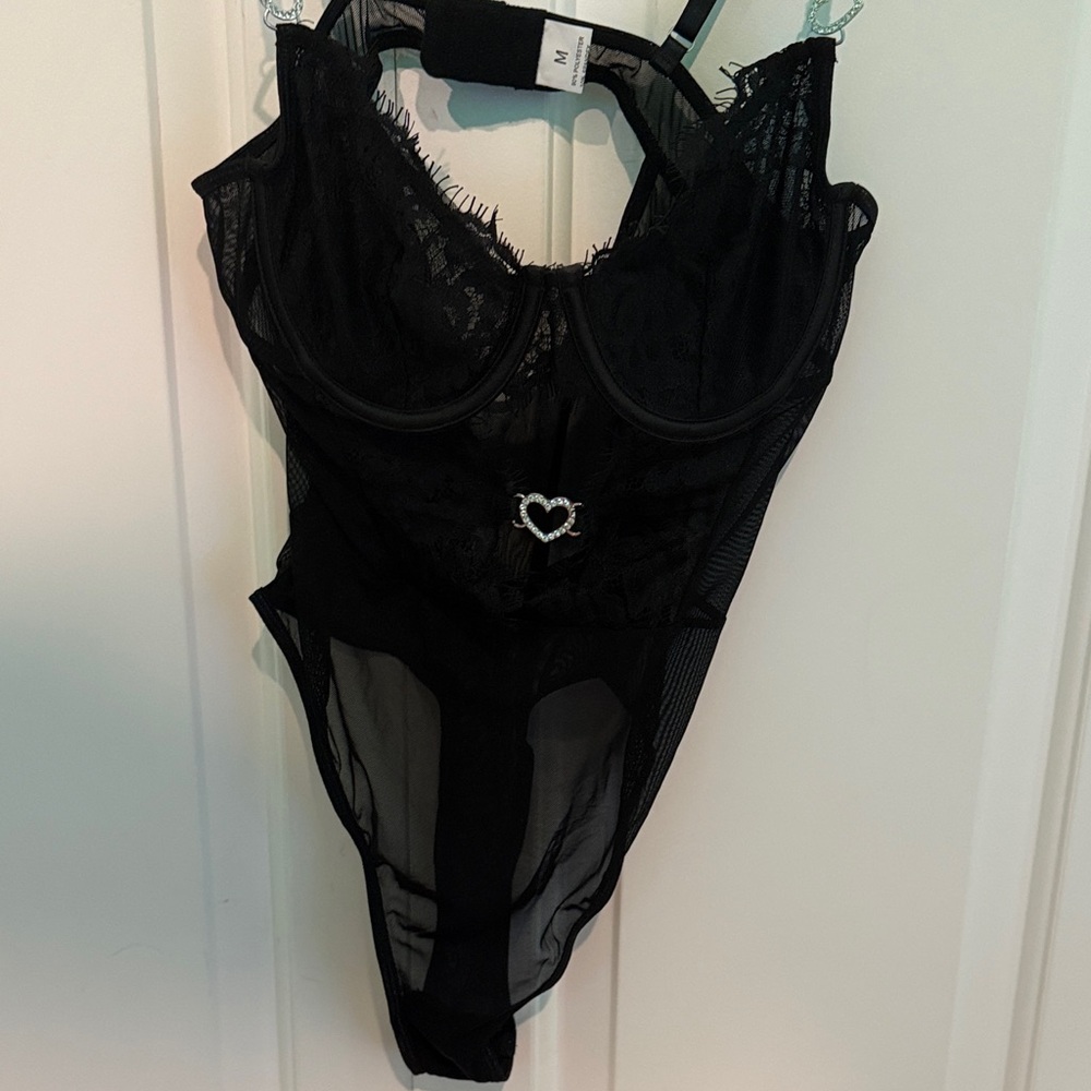 Black Lace Sheer Bodysuit with Heart Accent - Women Intimates & Sleepwear